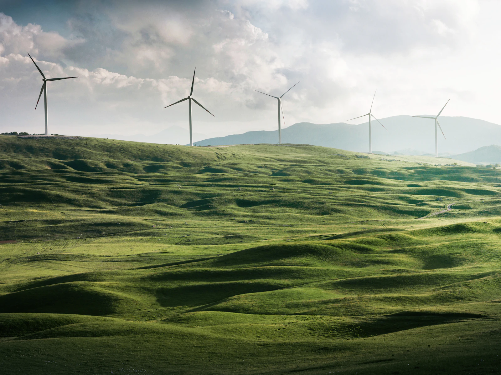 Wind turbines across green rolling hills